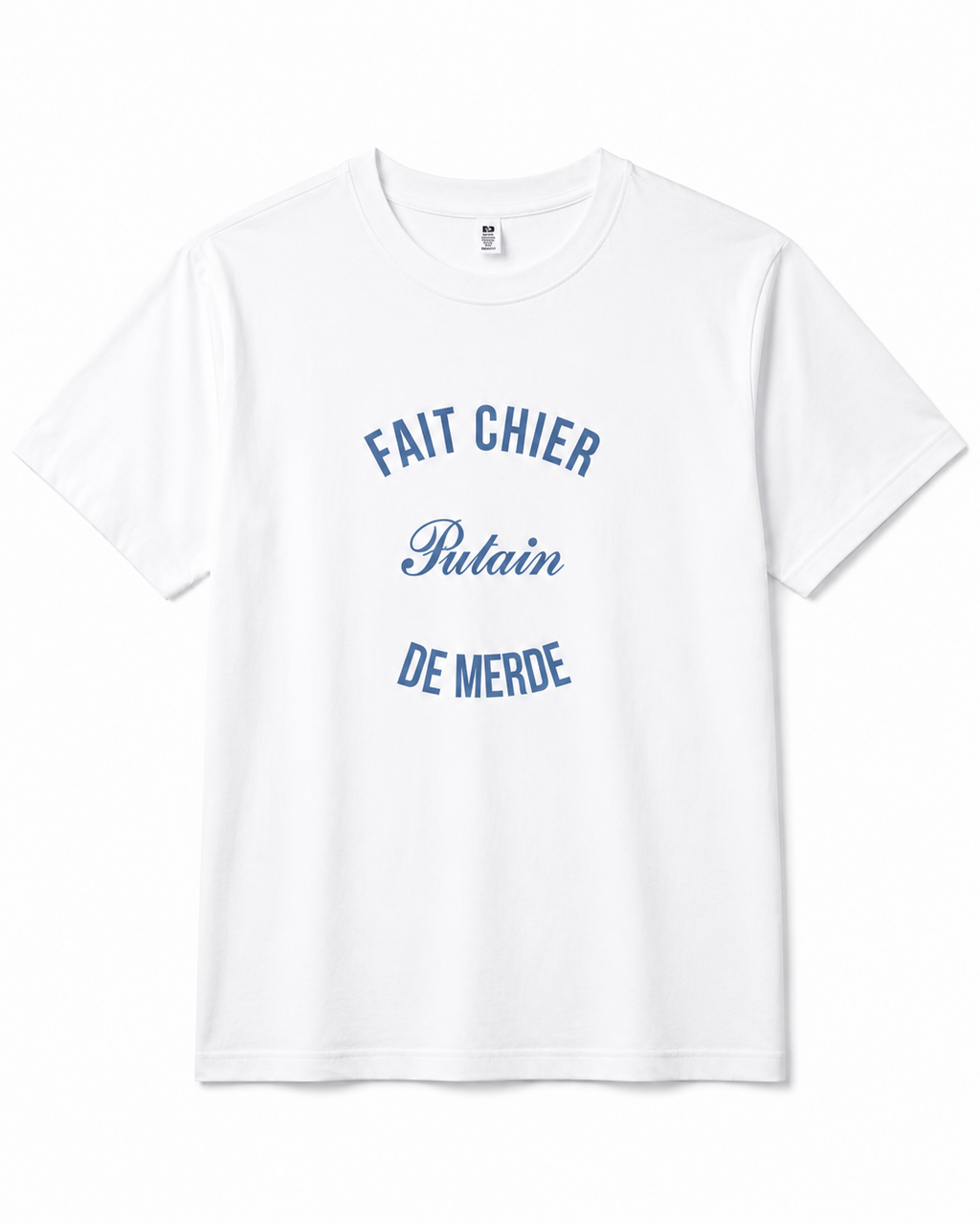 White t-shirt with blue text on a white background
