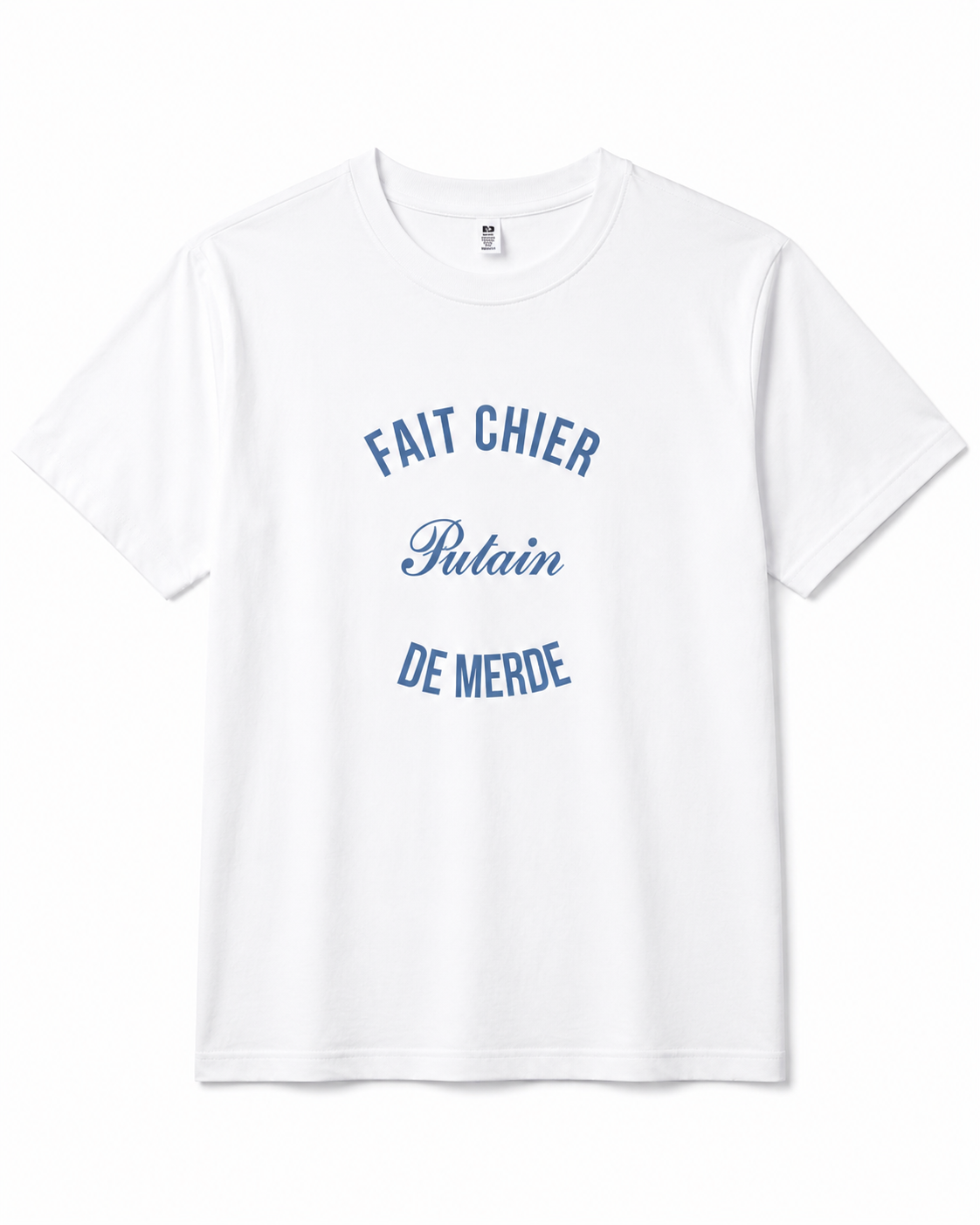 White t-shirt with blue text on a white background