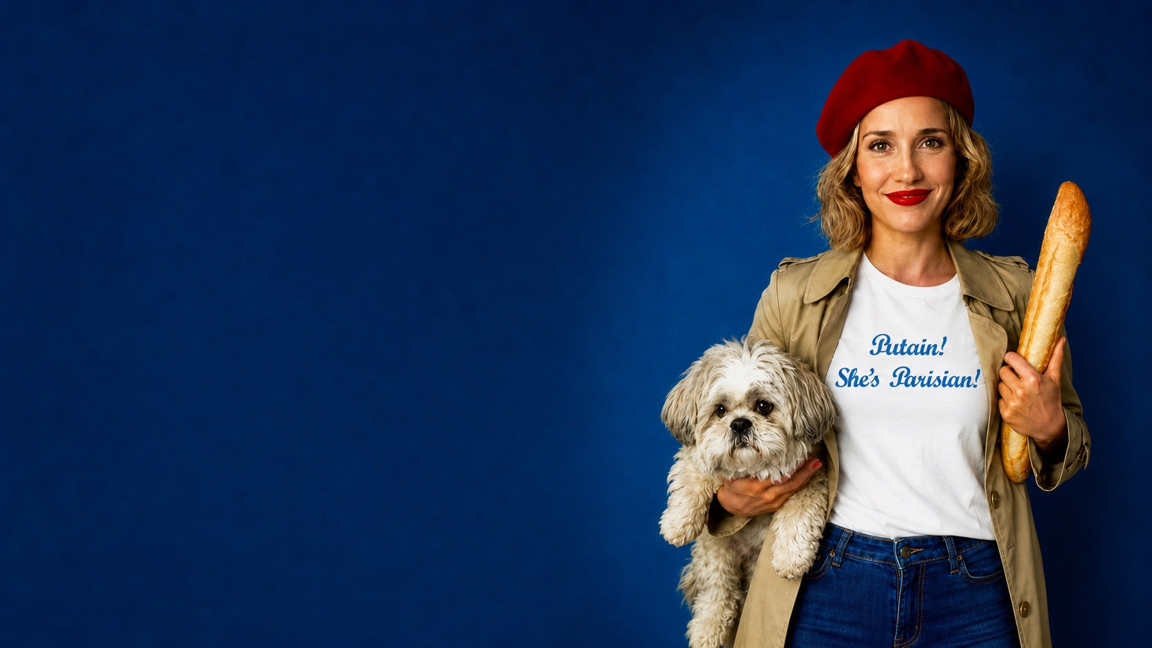 Woman holding a dog and a baguette against a blue background